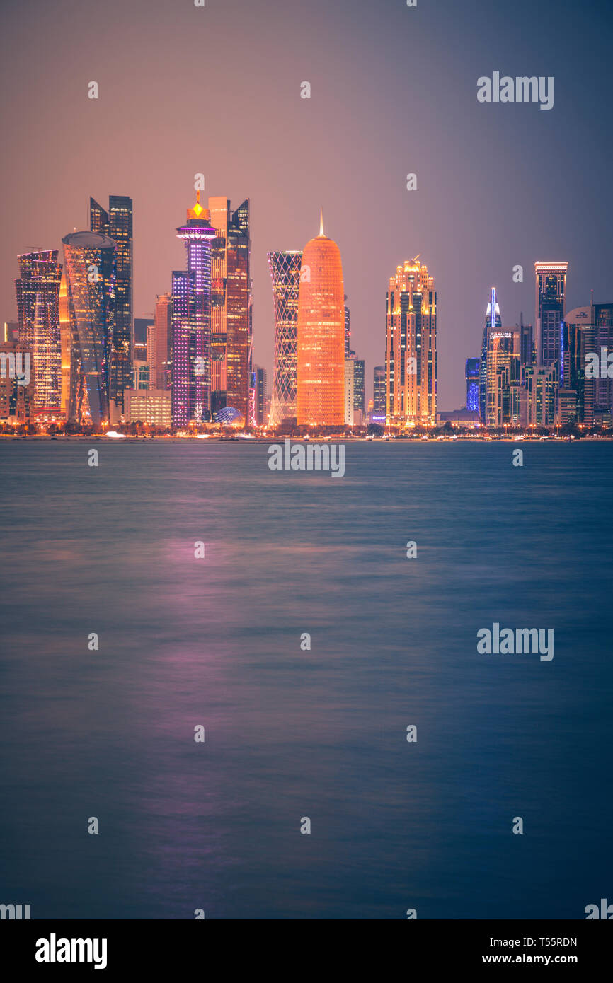 Sunset skyline of Doha, Qatar Stock Photo