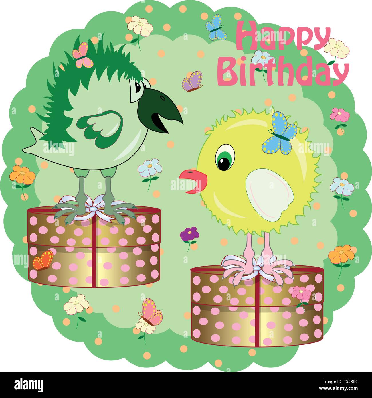 Birthday Greeting Card With Crow And Chicken Cartoon Vector Illustrator Stock Vector Image Art Alamy