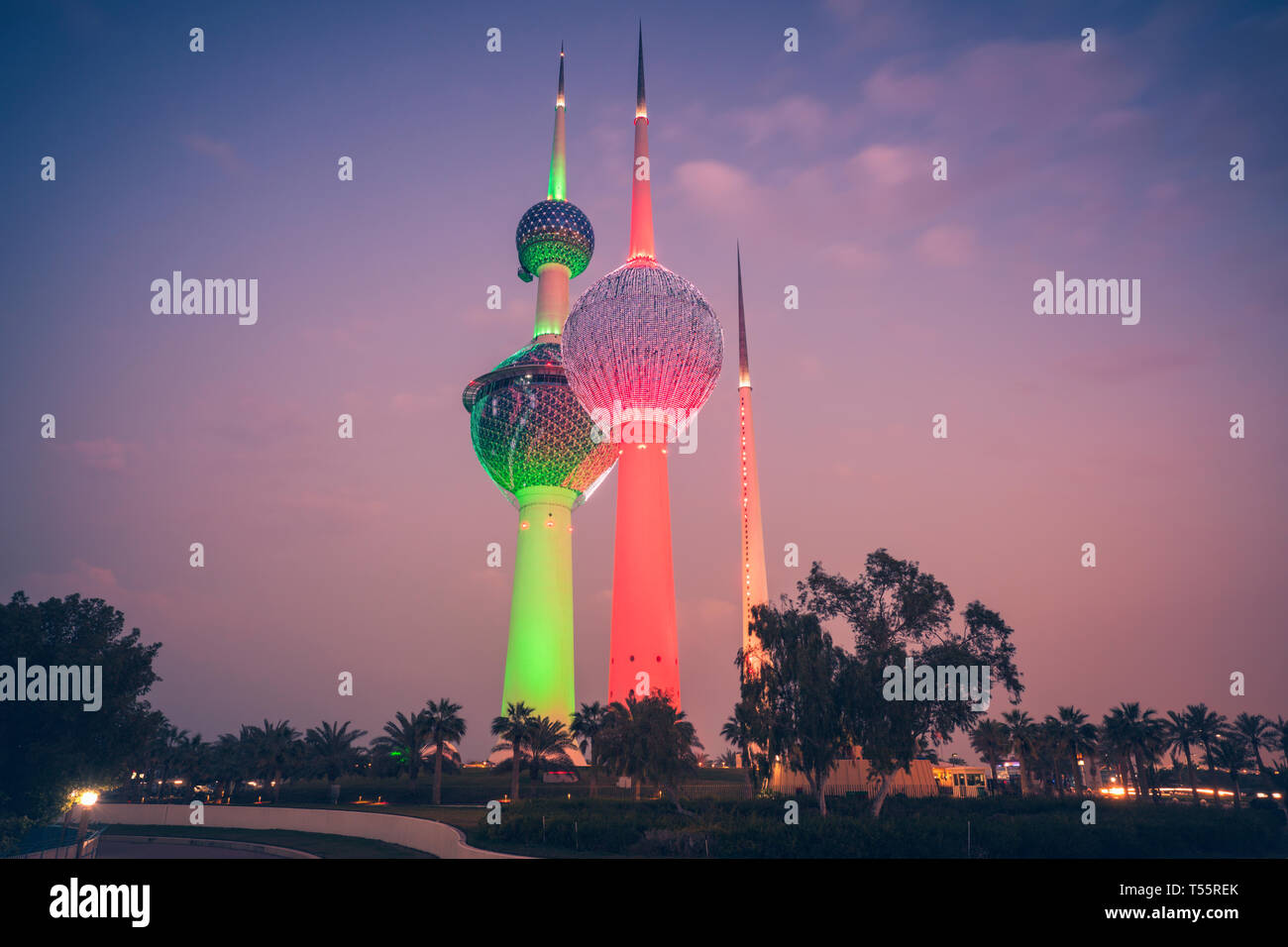Lit Kuwait Towers in Kuwait City, Kuwait Stock Photo