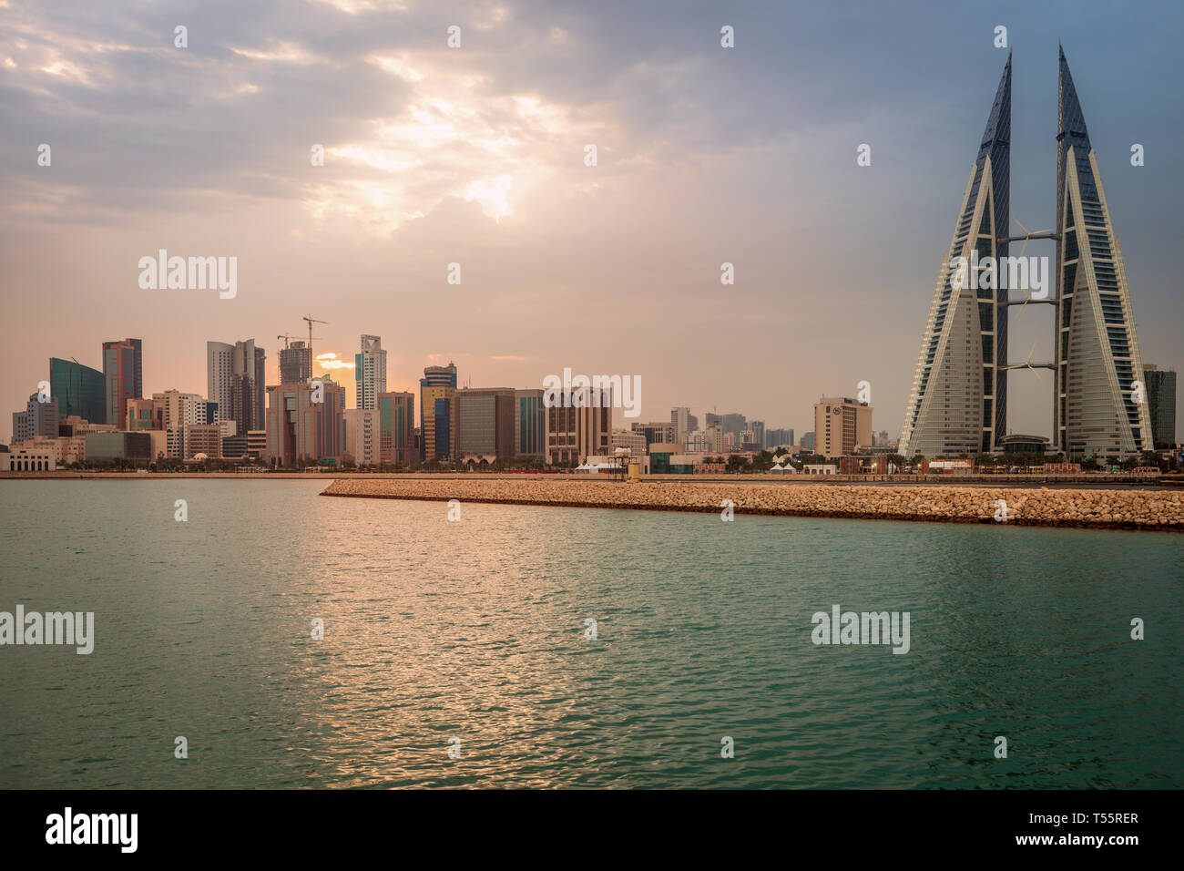 Skyline with Bahrain World Trade Center in Manama, Bahrain Stock Photo