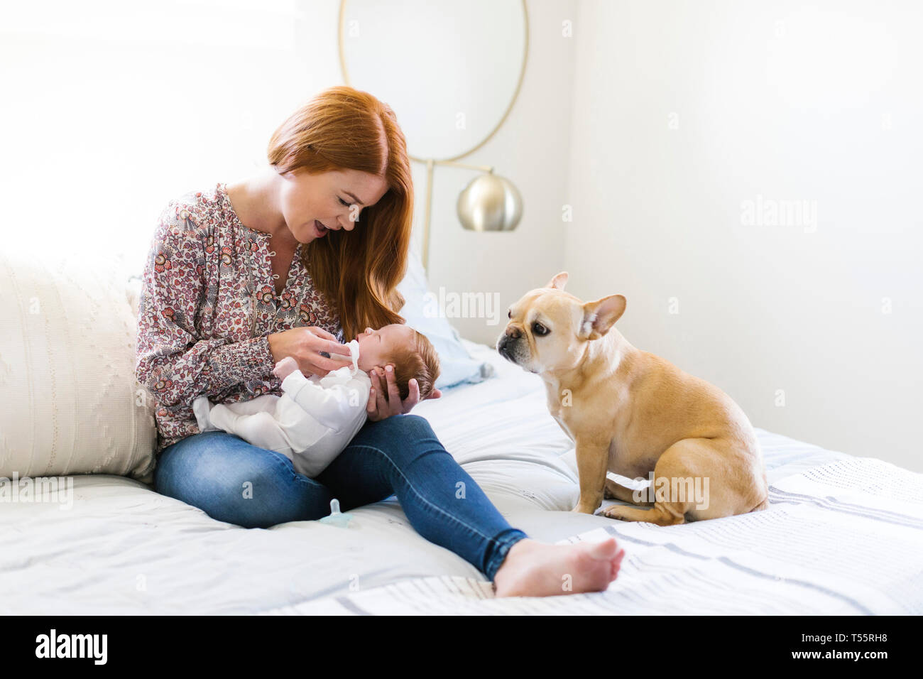 Dog sitting by woman holding her newborn son on bed Stock Photo