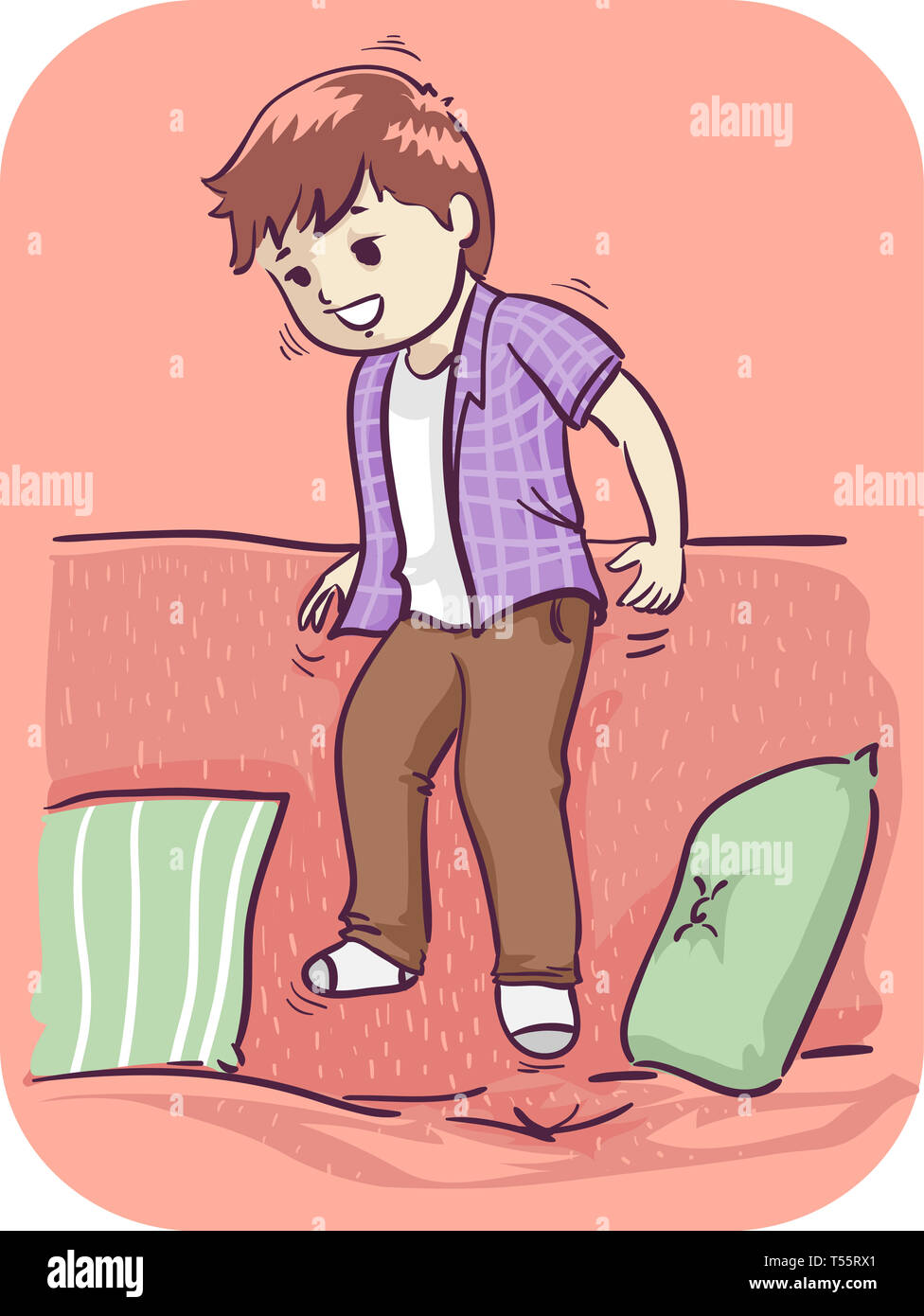 Illustration of a Kid Boy Jumping on the Sofa, Unable to Sit Still Stock Photo
