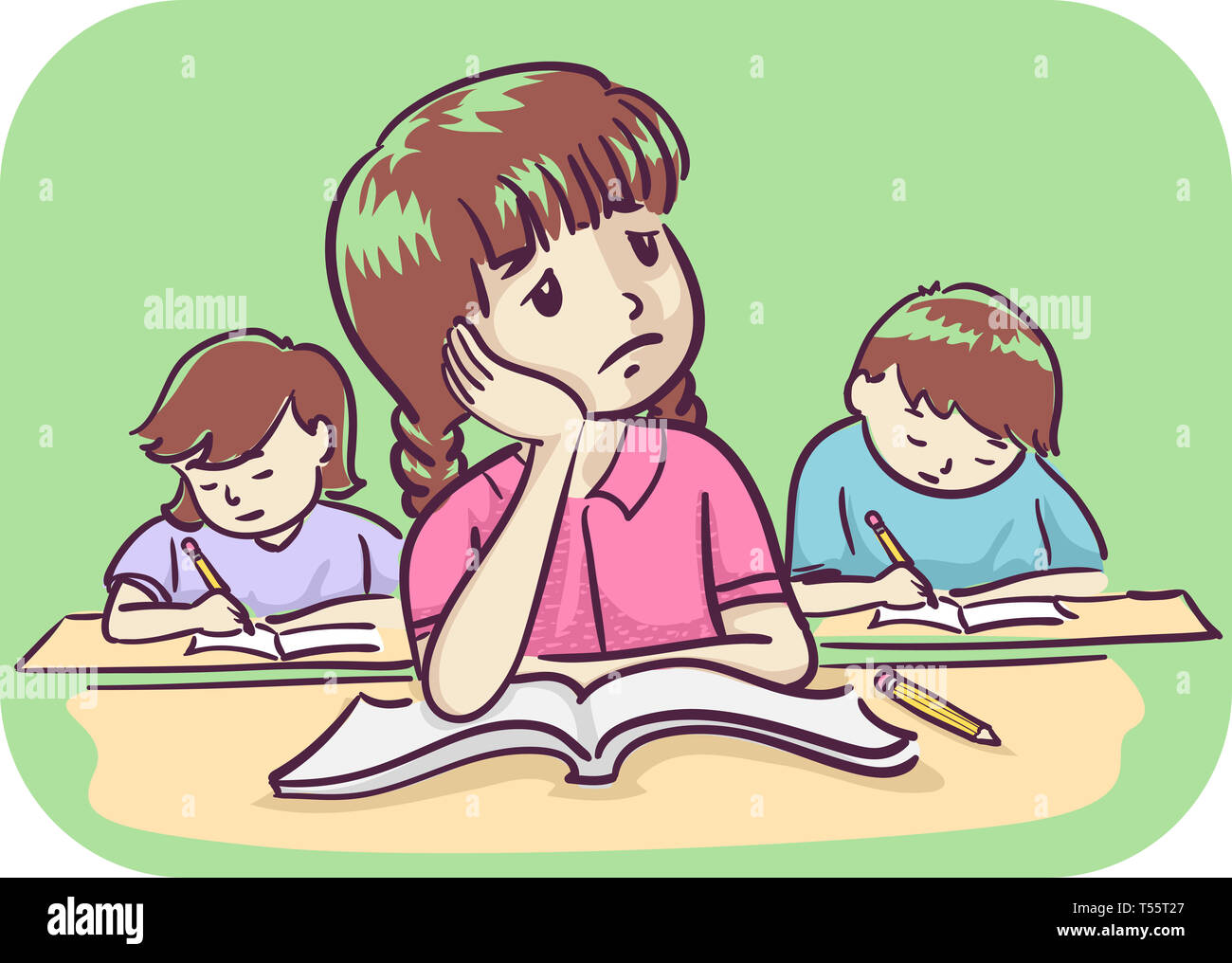 Illustration of a Bored Kid Girl in Class with Open Book Looking Up and  Thinking Stock Photo - Alamy