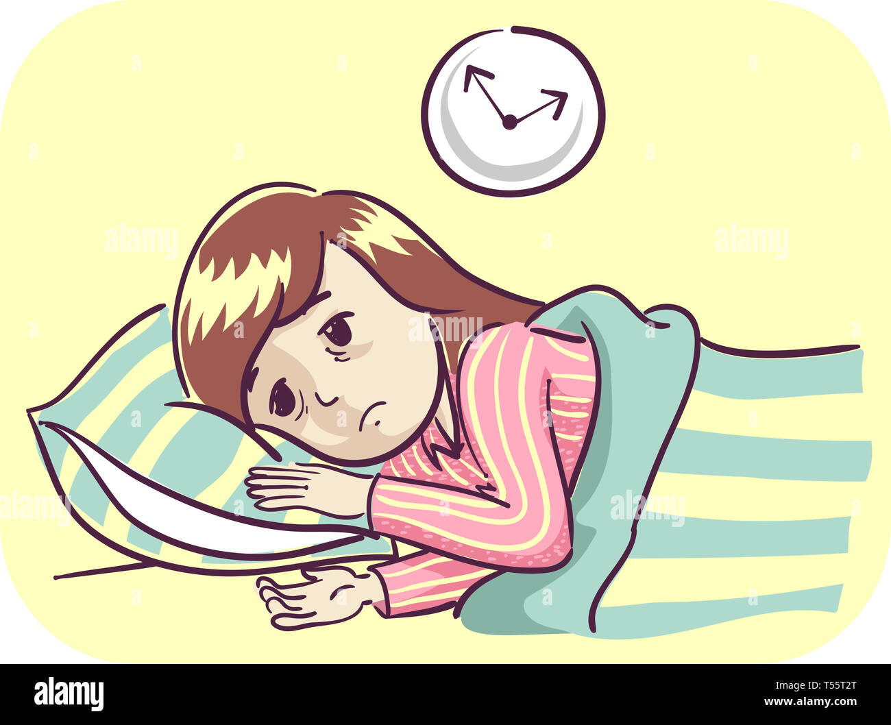Illustration of a Kid Girl In Pajamas On Her Bed Unable to Sleep Stock ...