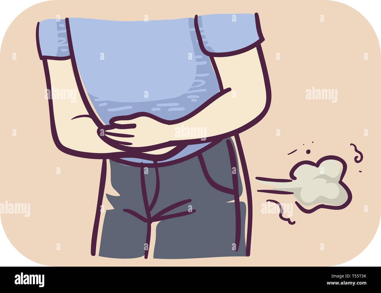 Illustration of a Man Holding His Hurt Tummy and Farting Stock Photo
