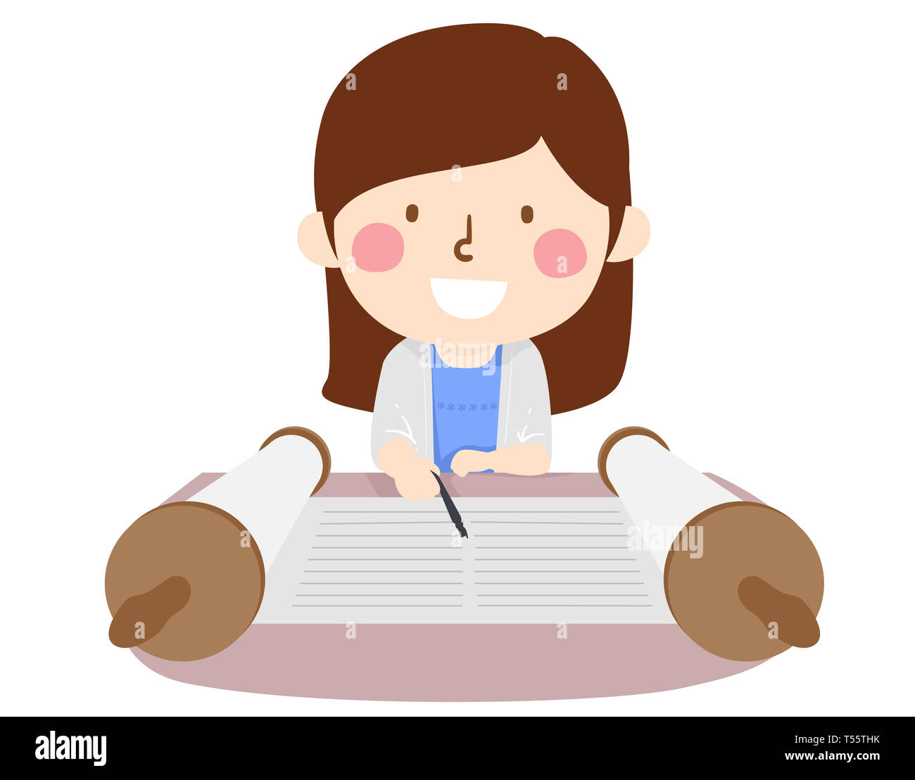 Illustration of a Kid Girl Having a Bat Mitzvah, Using a Yad or Pointer and Reading the Torah Stock Photo
