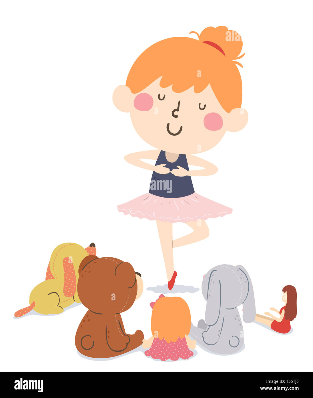 Illustration of a Kid Girl Wearing Ballet Tutu Dancing In Front of Her Stuffed Toys Gathered Around Stock Photo
