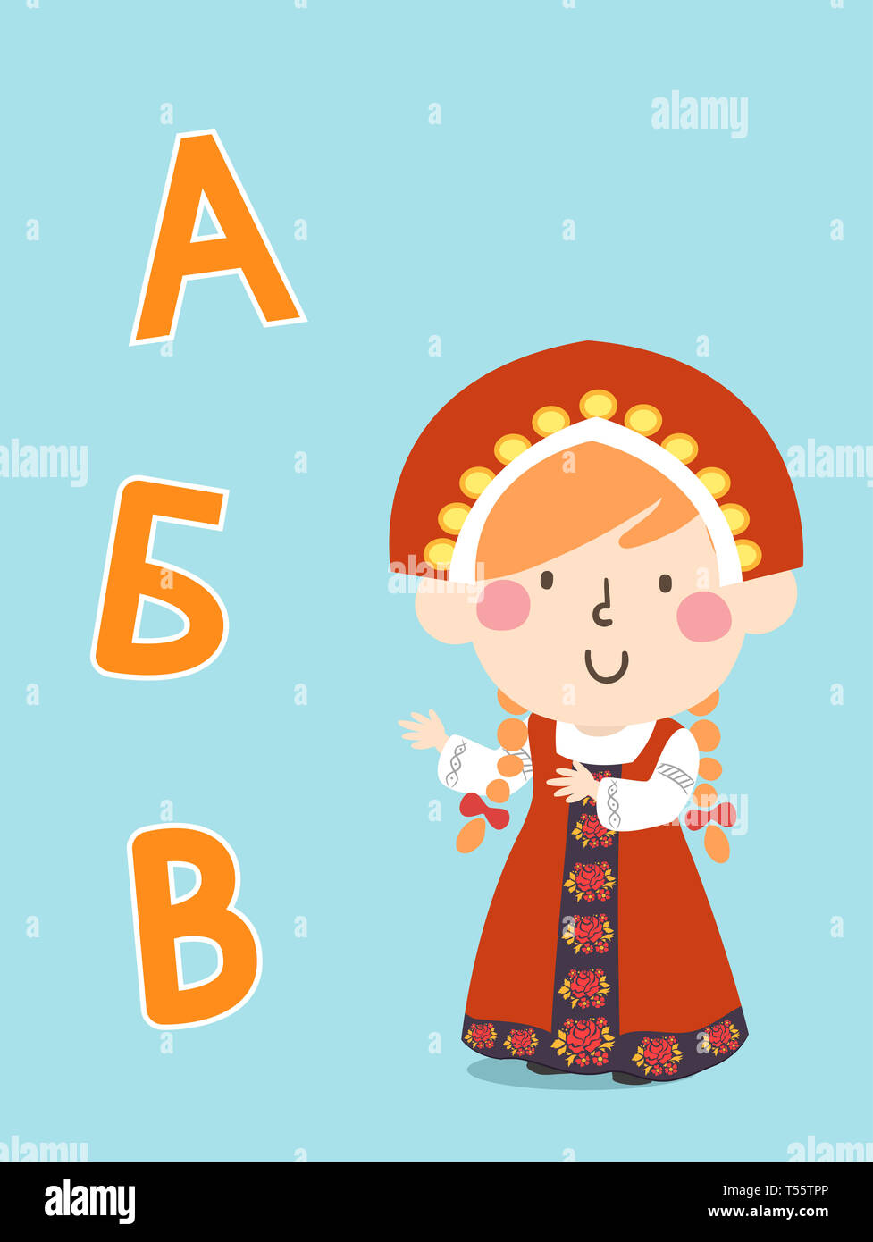 Illustration of a Kid Girl Wearing Russian Costume Pointing to the First Three Letters of the Russian Alphabet Stock Photo