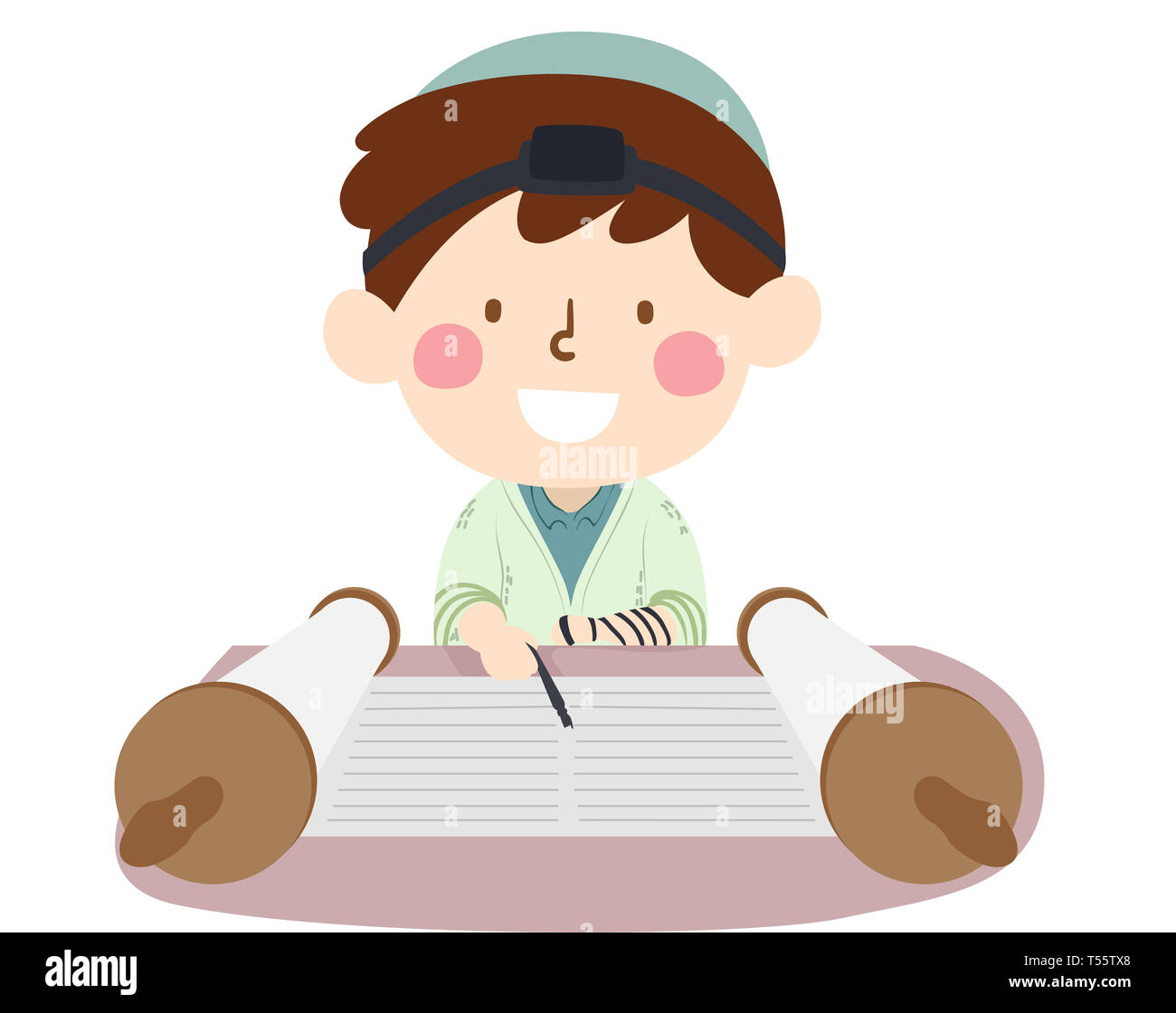 Illustration of a Kid Boy Having a Bar Mitzvah, Using a Yad or Pointer and Reading the Torah Stock Photo