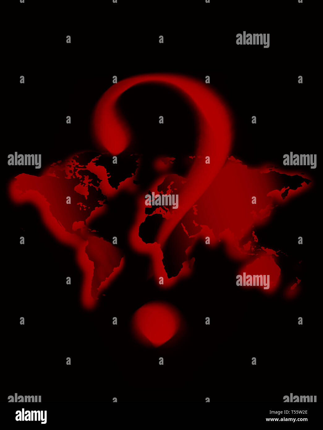 Illustration of red question mark over world map Stock Photo