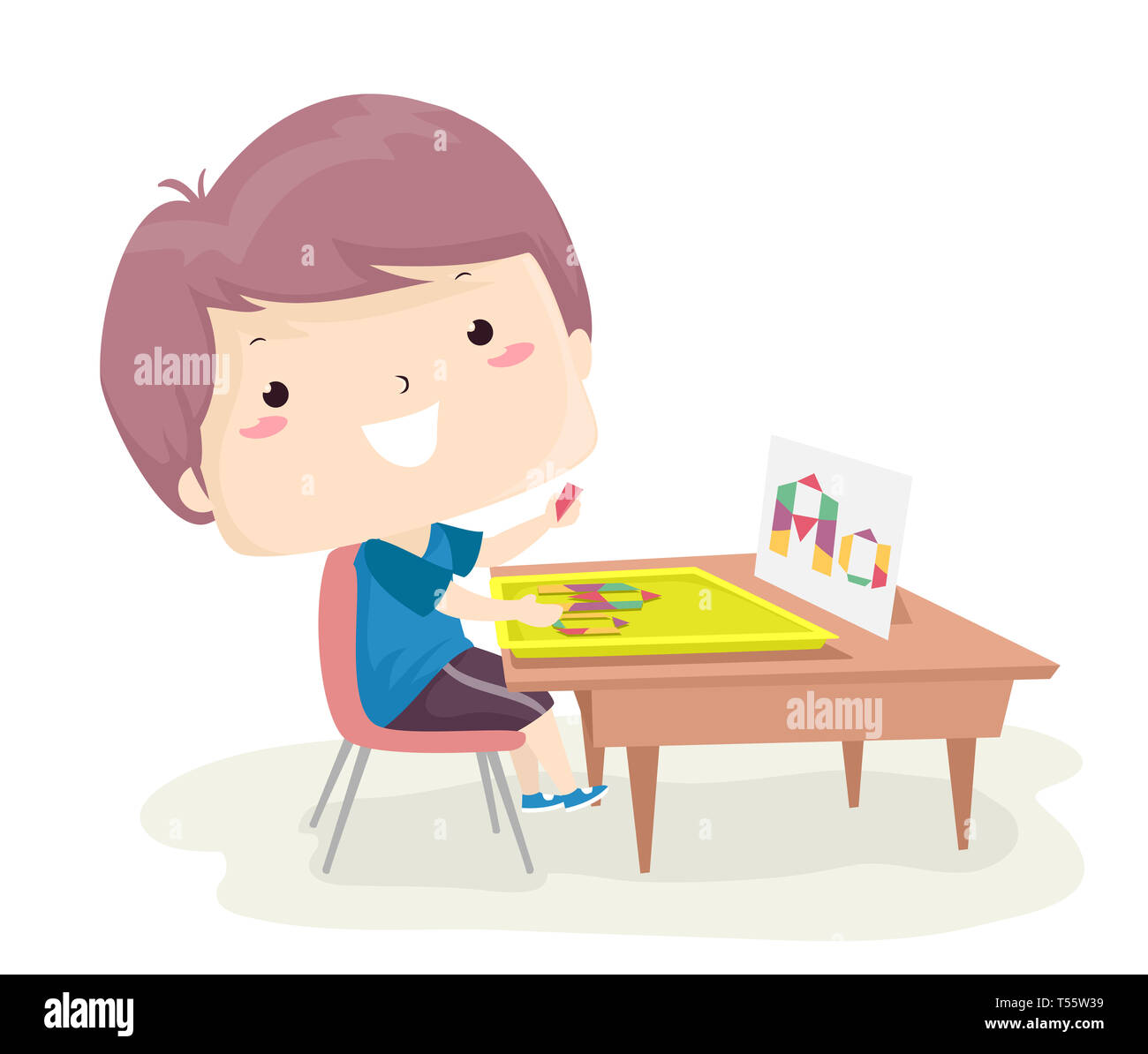 Illustration of a Kid Boy Using Geometric Shape Pattern Blocks and Making the Letter A Stock Photo
