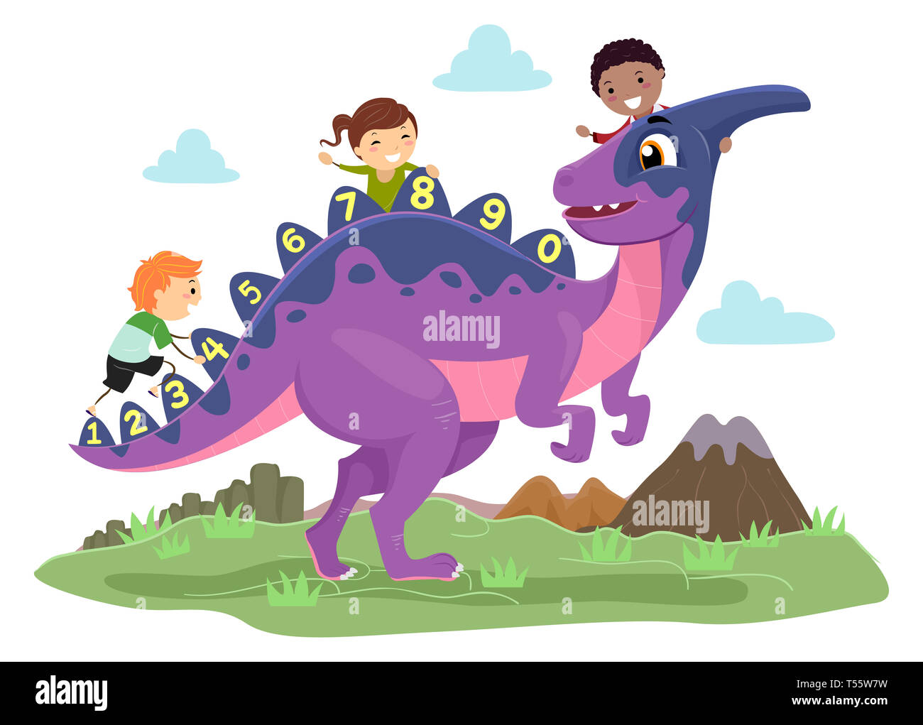 Illustration of Stickman Kids Up a Parasaurolophus with Numbers on Its Back Stock Photo