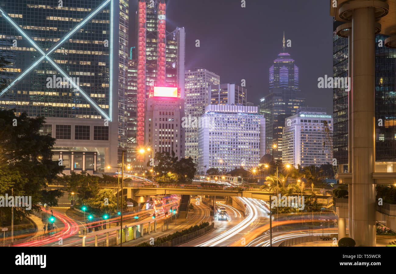 Long exposure shot at night in Hong Kong, China Stock Photo