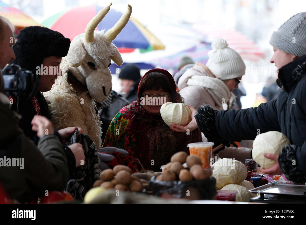 Belarus, Gomel, January 13, 2017.Central market. The ritual of Kalyada is generous. People donate gifts to the goat at the ritual Stock Photo