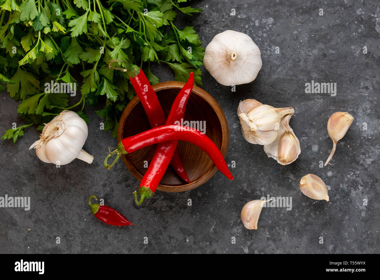 Parsley, garlic and chili peppers Stock Photo Alamy