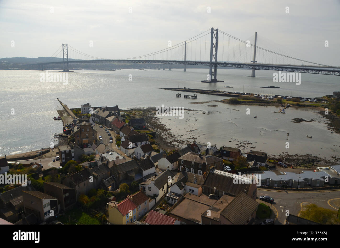 North Queensferry and the Firth of Forth viewed from the Forth Railway Bridge, Scotland Stock Photo