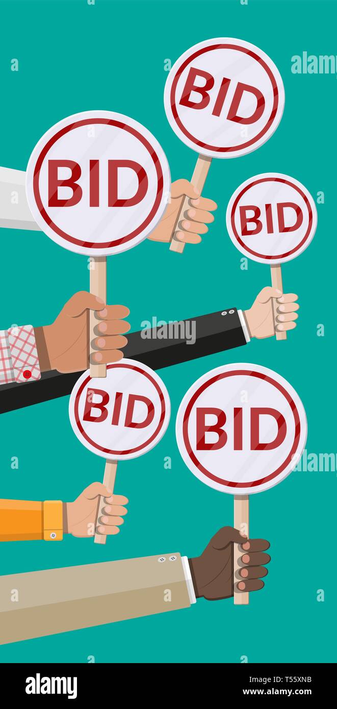 Hands holding auction paddle. Bid plate. Auction competition. Vector