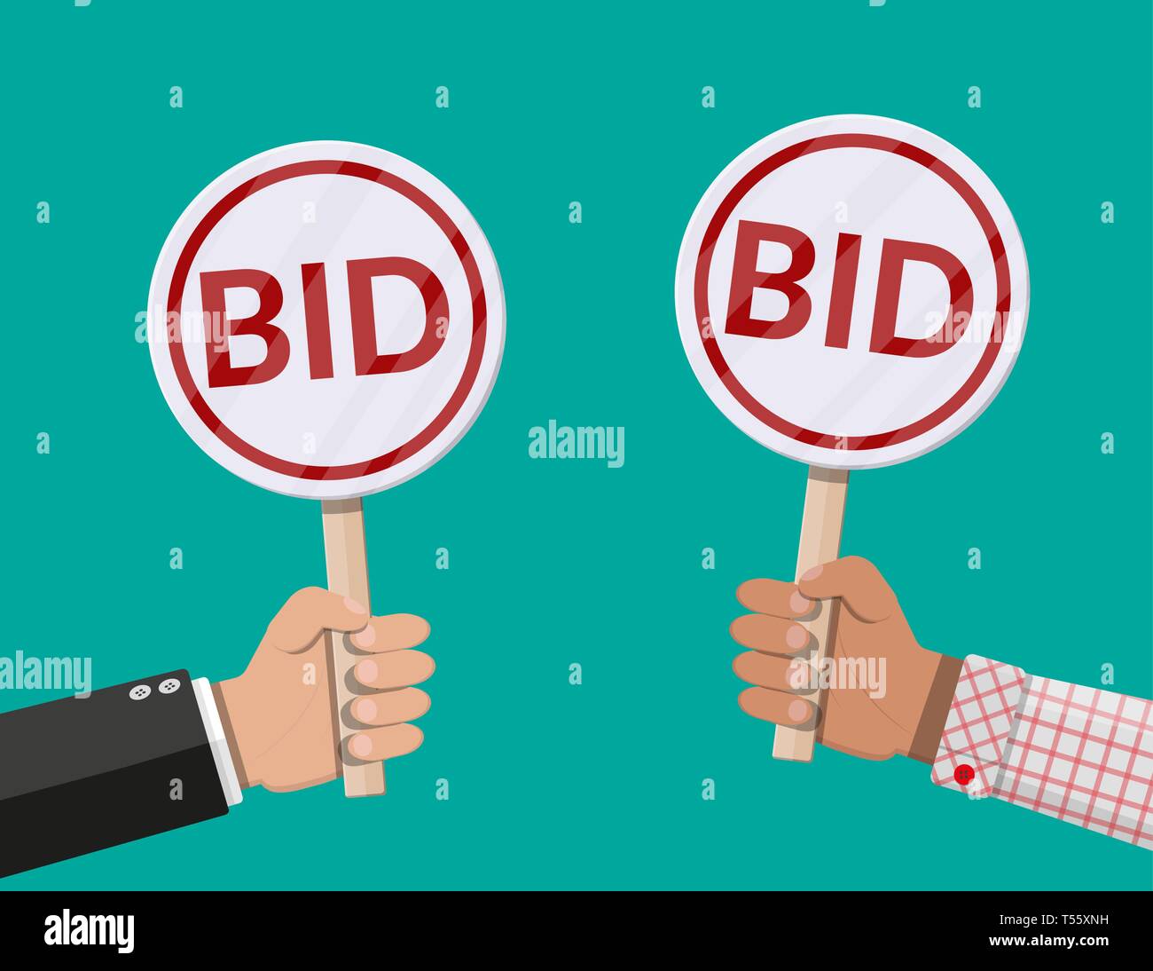 Hands holding auction paddle. Bid plate. Auction competition. Vector illustration in flat style Stock Vector