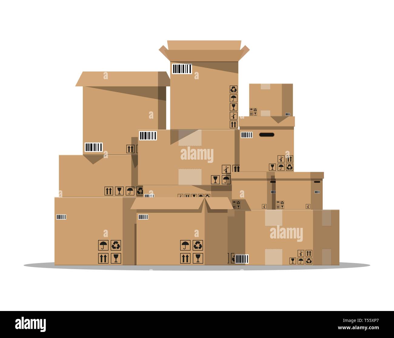 Pile cardboard boxes set. Carton delivery packaging open and closed box  with fragile signs. Vector illustration in flat style Stock Vector Image &  Art - Alamy