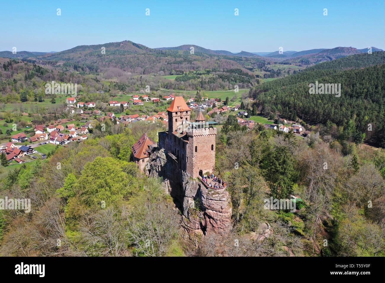 Aerial view of Berwartstein castle, medieval robber knight castle at village Erlenbach at Dahn, Wasgau, Rhineland-Palatinate, Germany Stock Photo