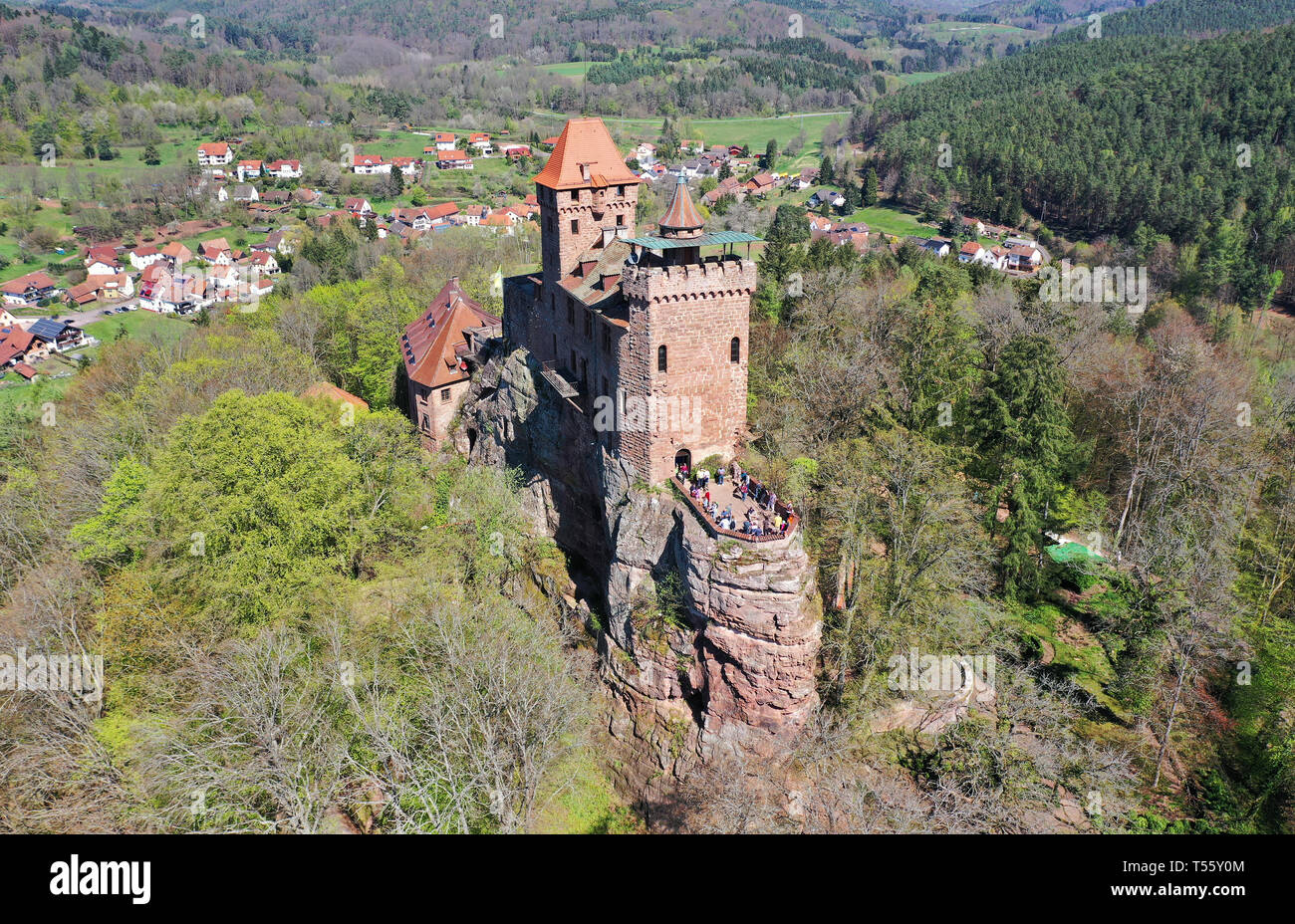 Aerial view of Berwartstein castle, medieval robber knight castle at village Erlenbach at Dahn, Wasgau, Rhineland-Palatinate, Germany Stock Photo