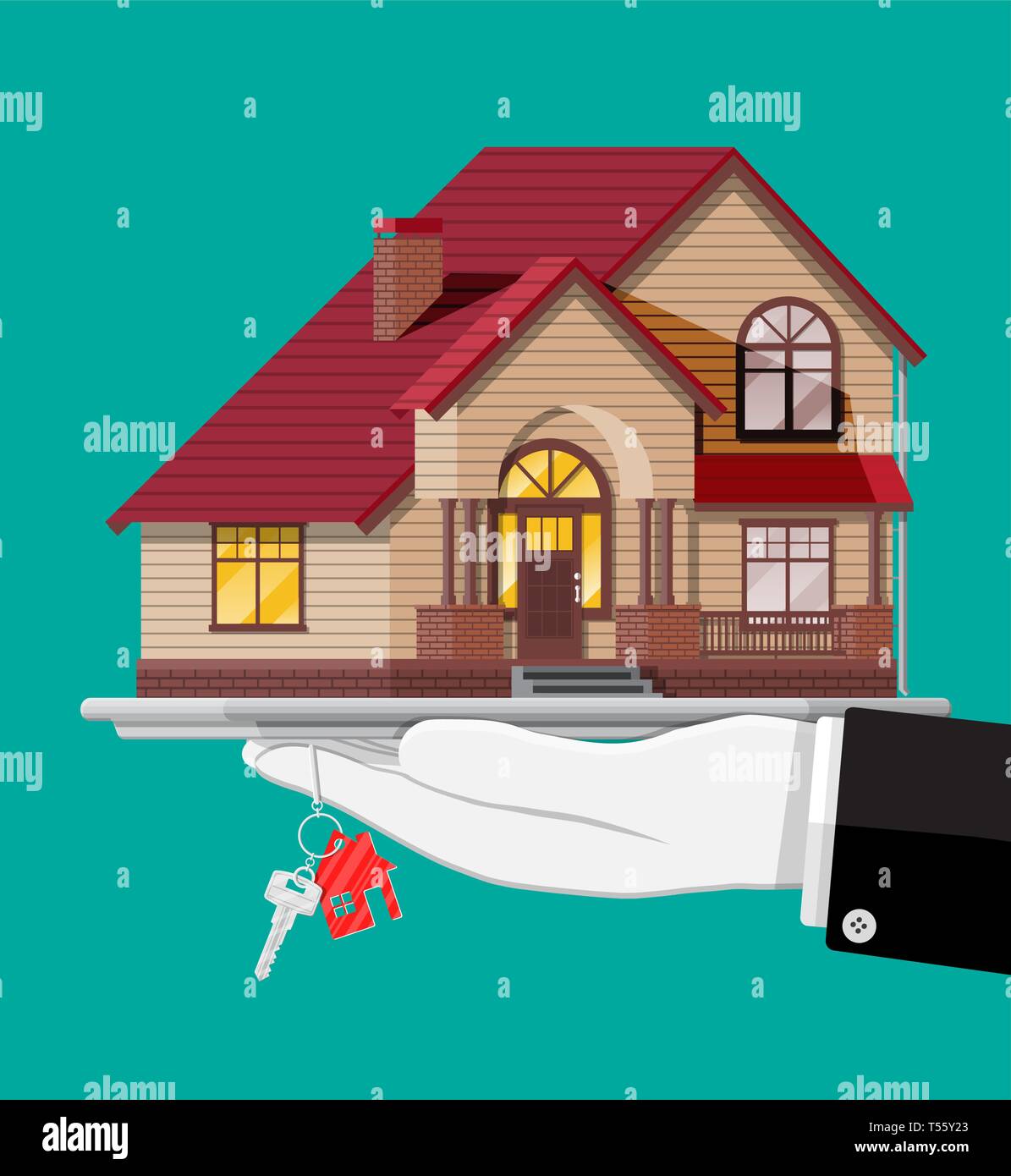 Hand with small house and keys. Suburban family house. Countryside ...