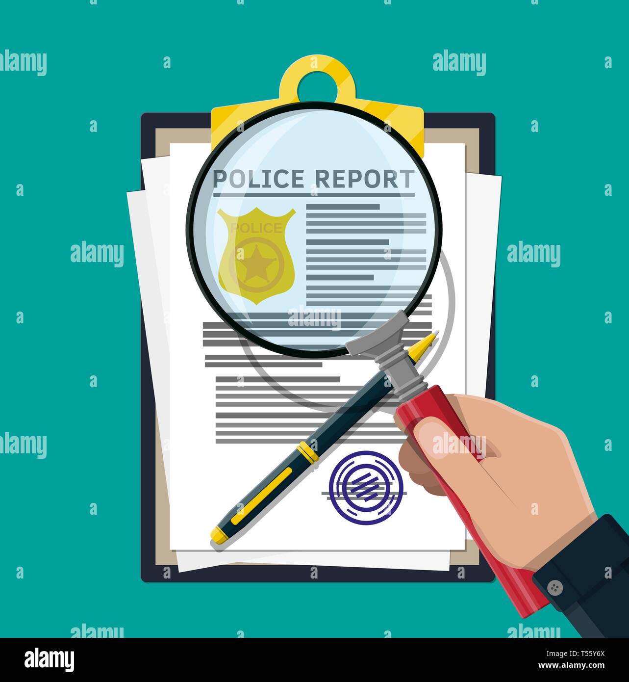 Clipboard with police report and pen. Report sheet with gold police badge. Legal fine document and stack of papers with stamp. Vector illustration in  Stock Vector