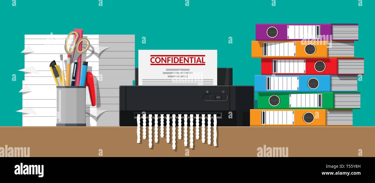 Paper document in shredder machine. Torn to shreds document. Contract termination concept. Table with books, stationery, ring binder. Vector illustrat Stock Vector