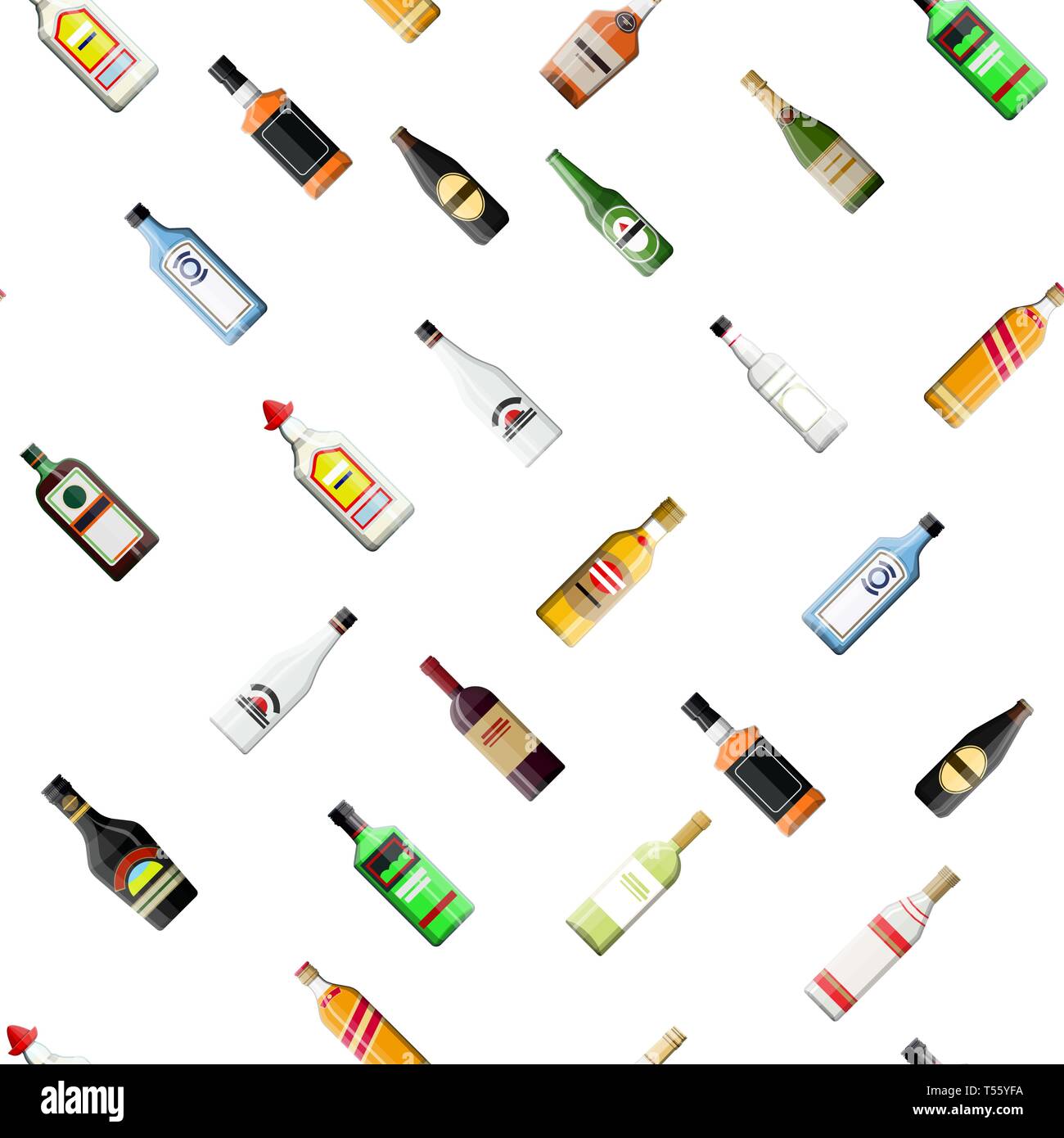 Seamless alcohol glass bottles collection pattern. Vodka champagne wine whiskey beer brandy