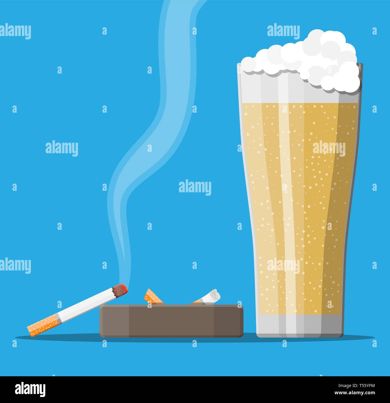 tobacco and beer Glass of beer with cigarette and ashtray. Alcohol, tobacco. Beer alcoholic  drink, smoking products. Unhealthy lifestyle concept. Vector illustration i  Stock Vector Image & Art