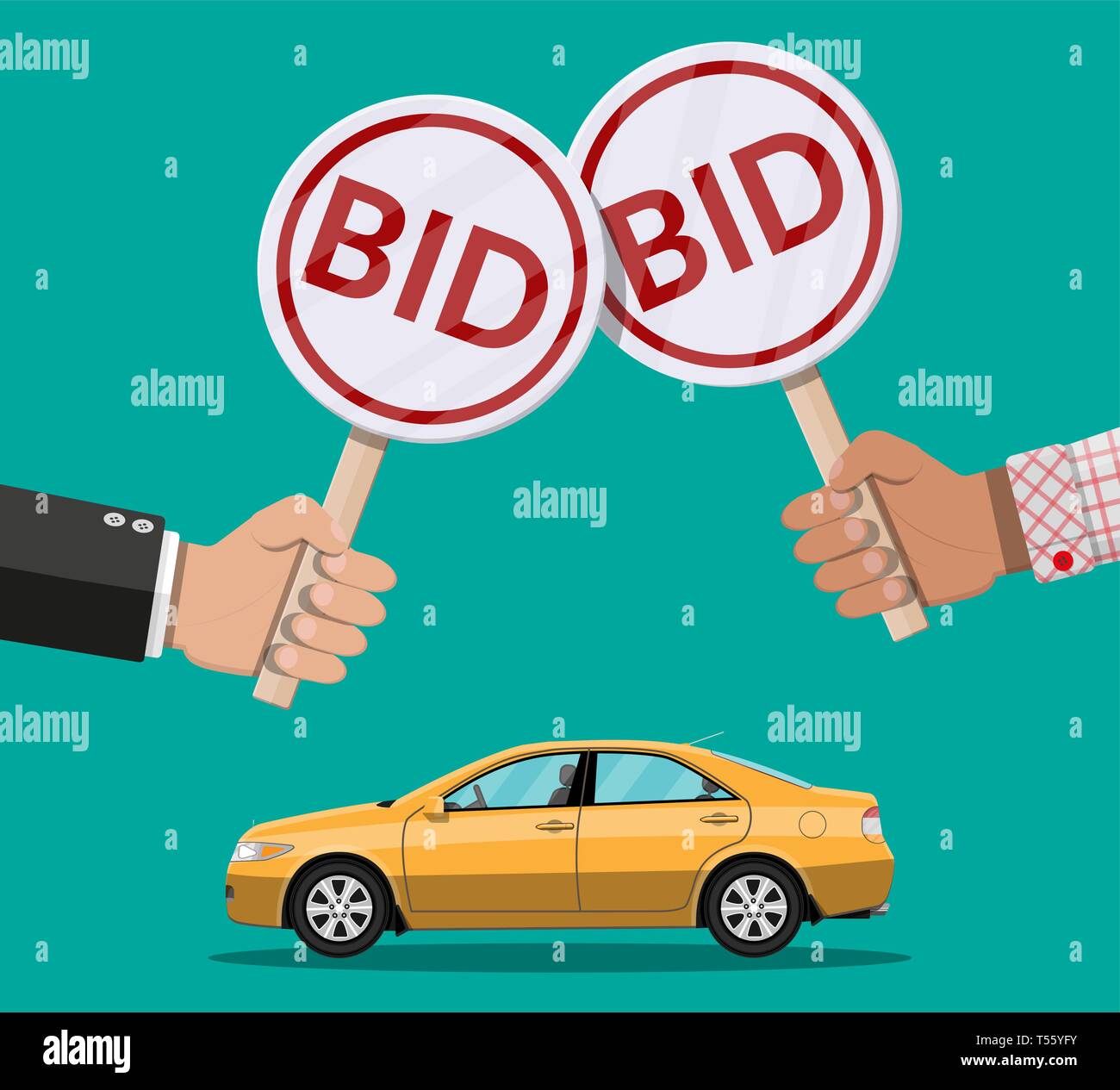 Hands holding auction paddle and car. Selling vehicle. Bid plate