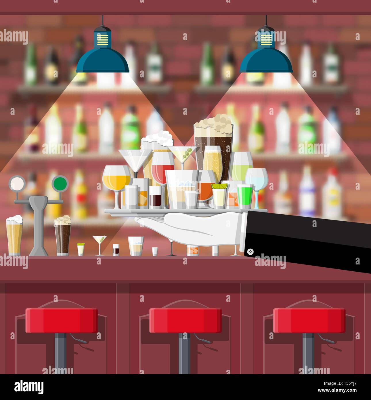 Drinking establishment. Interior of pub, cafe or bar. Bar counter