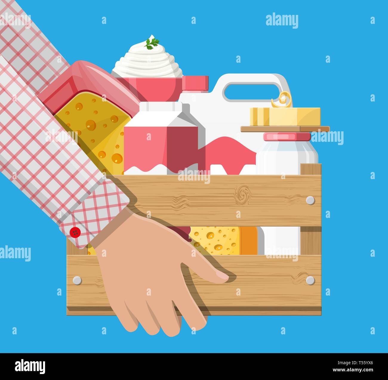 Milk products set in wooden box with cheese, cottage and butter. Dairy ...