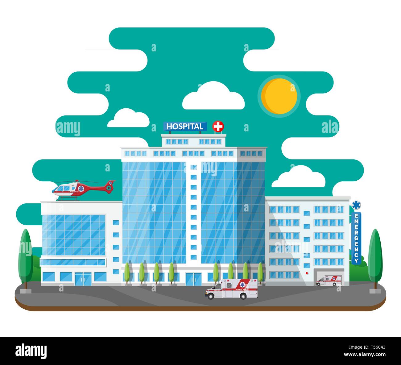 Hospital building, medical icon. Healthcare, hospital and medical diagnostics. Urgency and emergency services. Car and helicopter. Vector illustration Stock Vector