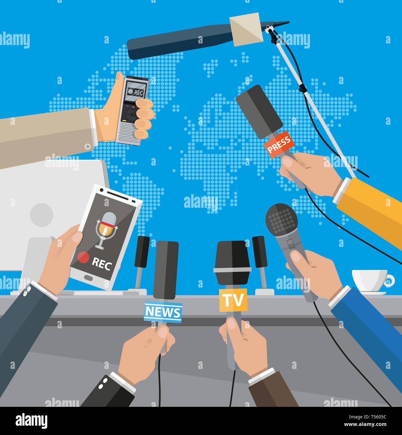 Rostrum, tribune and hands of journalists with microphones and digital