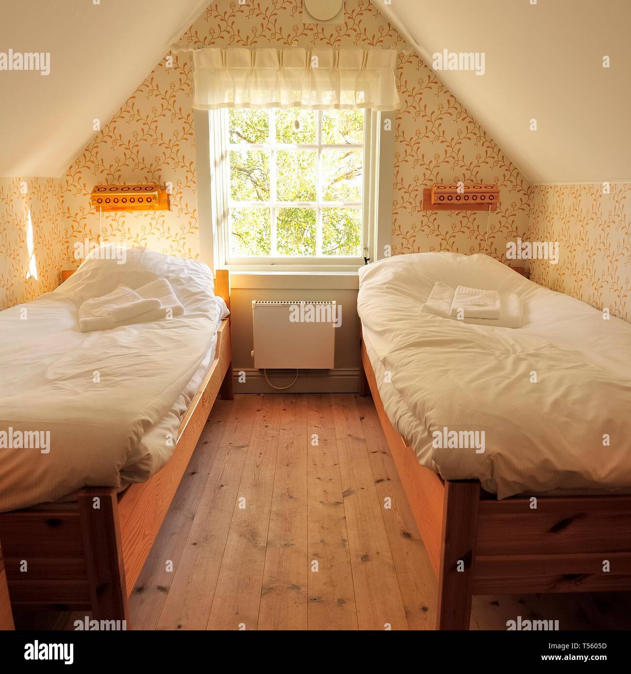 Swedish Sunlit retro bedroom Stock Photo