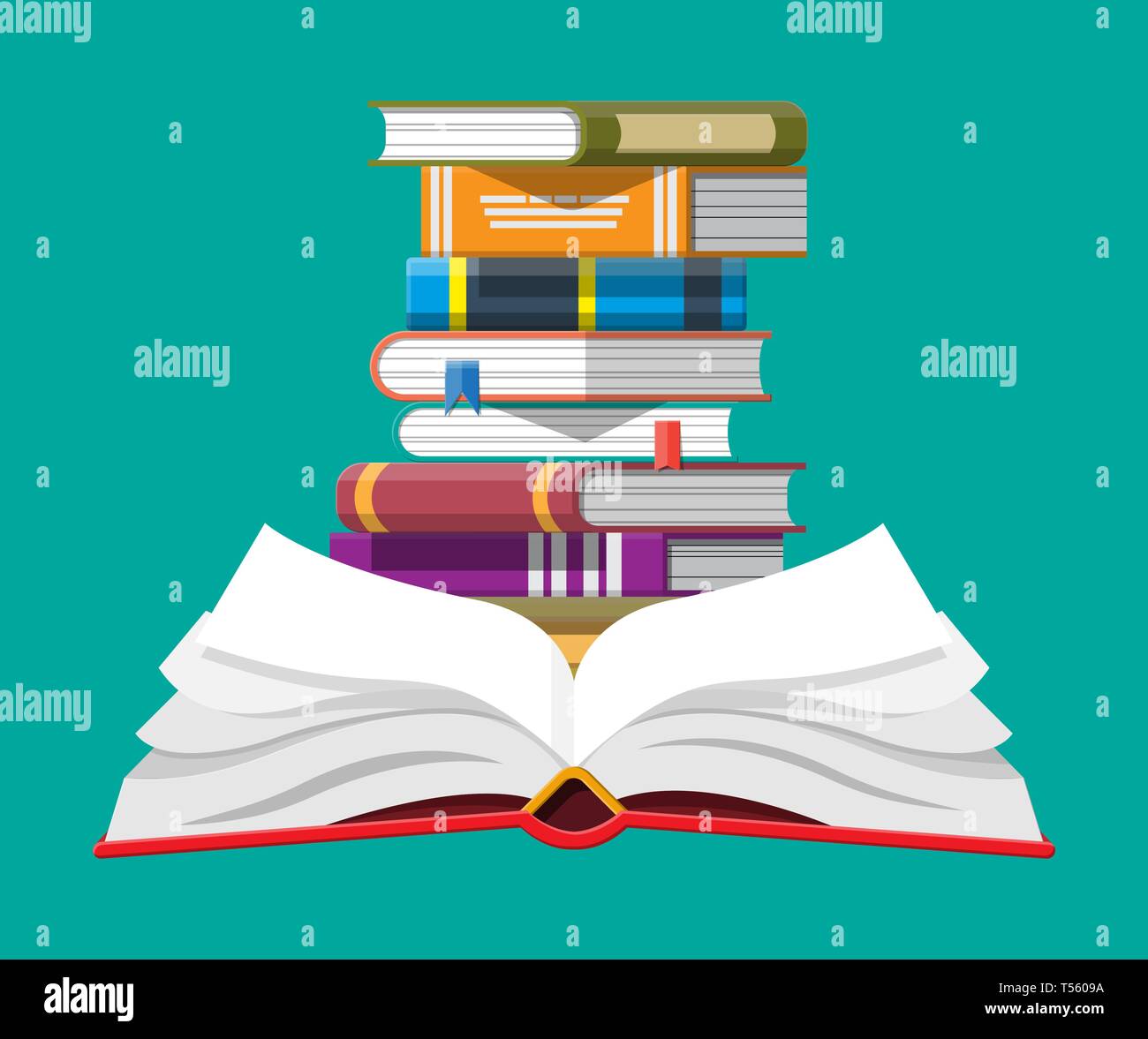 Open book with an upside down pages and pile of books. Reading, education, ebook, literature