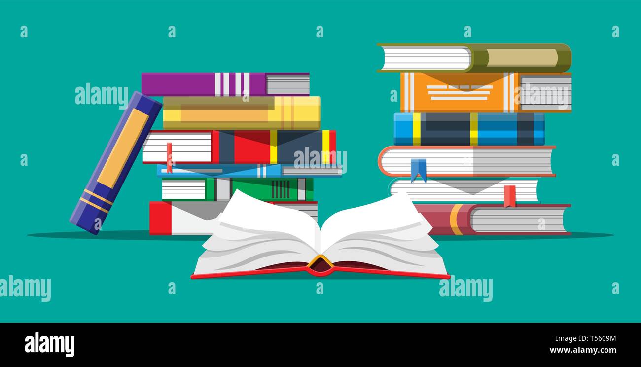 Open book with an upside down pages and pile of books. Reading, education, ebook, literature