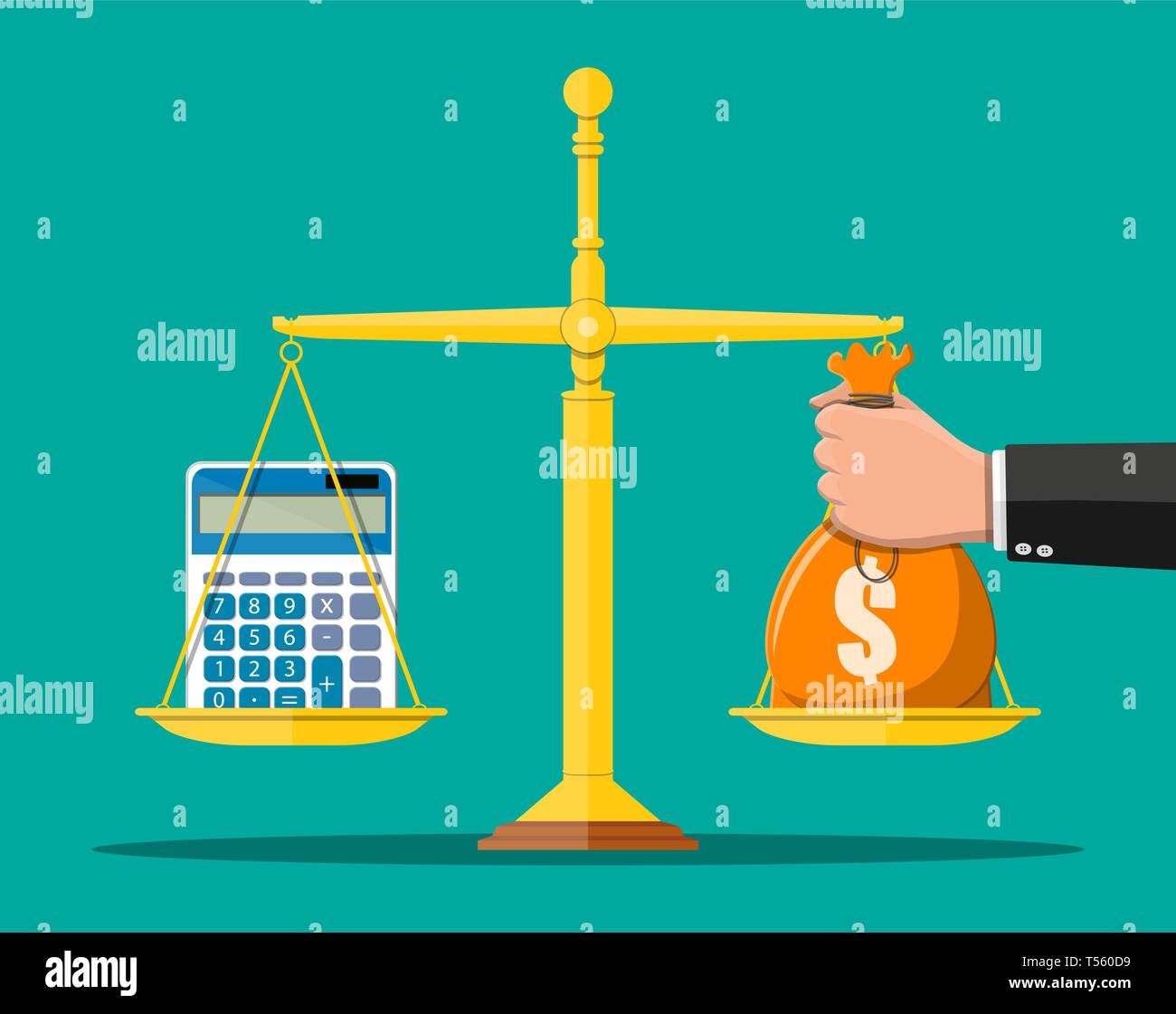 Money balance concept. Hand with money bag, calculator, scales