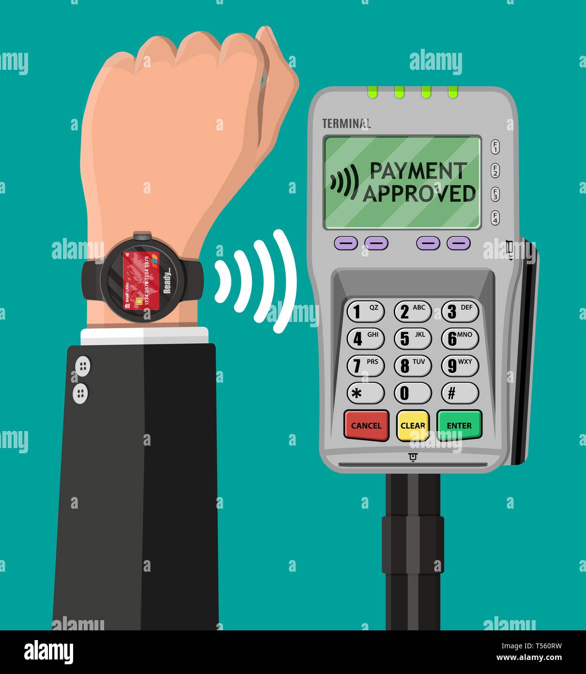 Smart watch contactless payments. Smartwatch on hand and POS terminal.  Wireless, contactless or cashless payments, rfid nfc. Vector illustration  in fl Stock Vector Image & Art - Alamy