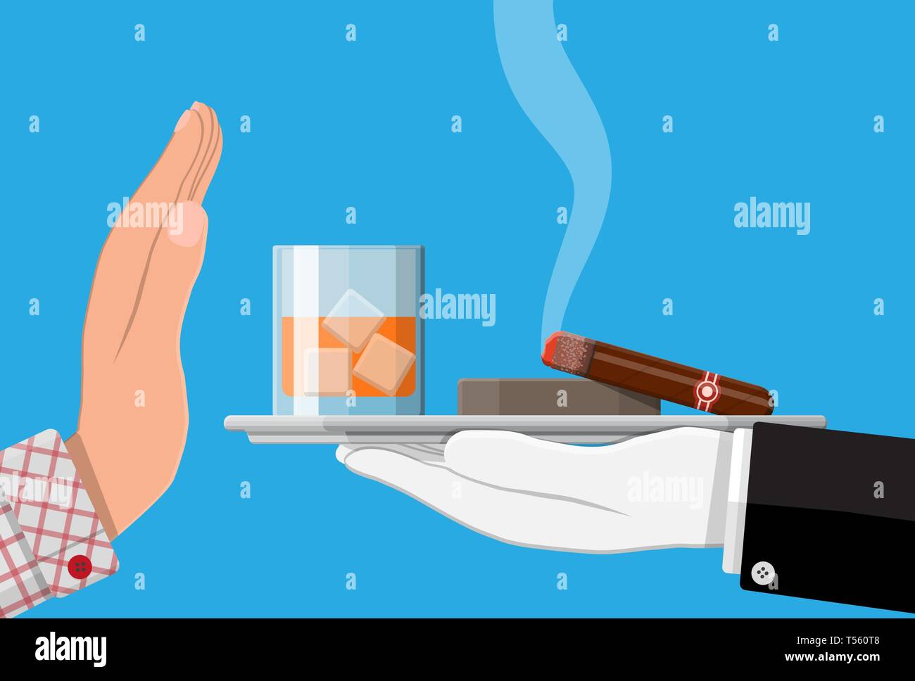 Alcohol and tobacco abuse concept. Hand gives glass of whiskey and cigar to other hand. Stop alcoholism. Rejection of smoking. Vector illustration in  Stock Vector