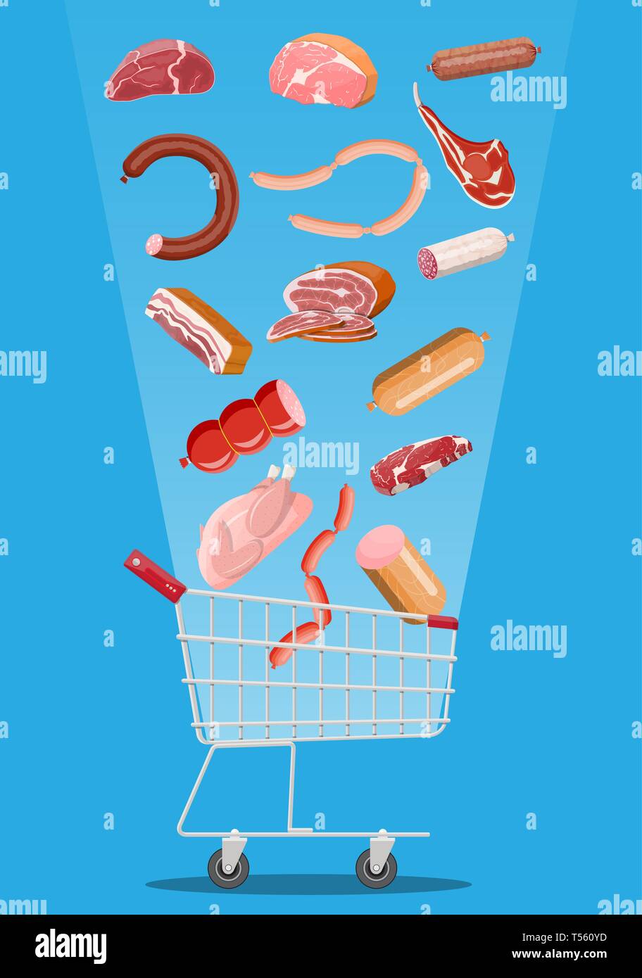 Shopping supermarket basket full of meat. Chop, sausages, bacon, ham