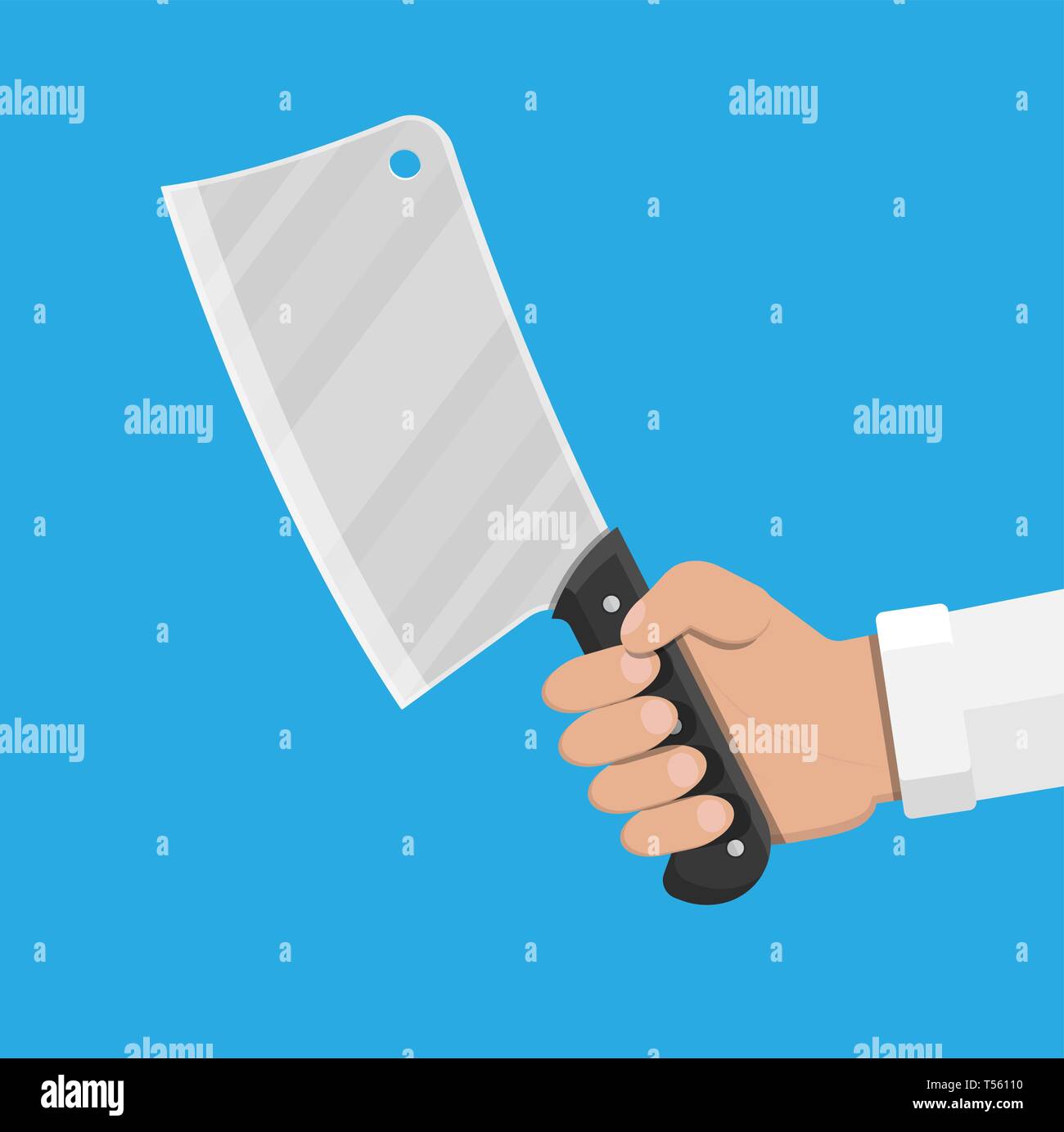 Butcher knife in hand. Kitchen cleaver knife for meat. Vector