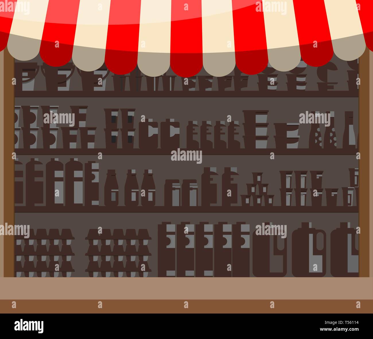 Supermarket wooden showcase. Retail shelves for products. Market stall