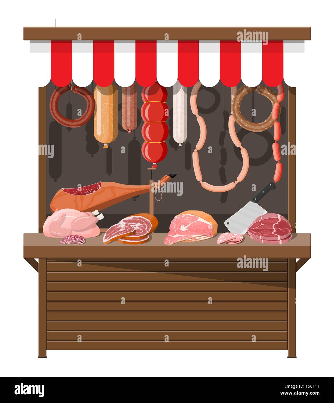 Meat street market. Meat store stall. Butcher shop or showcase counter
