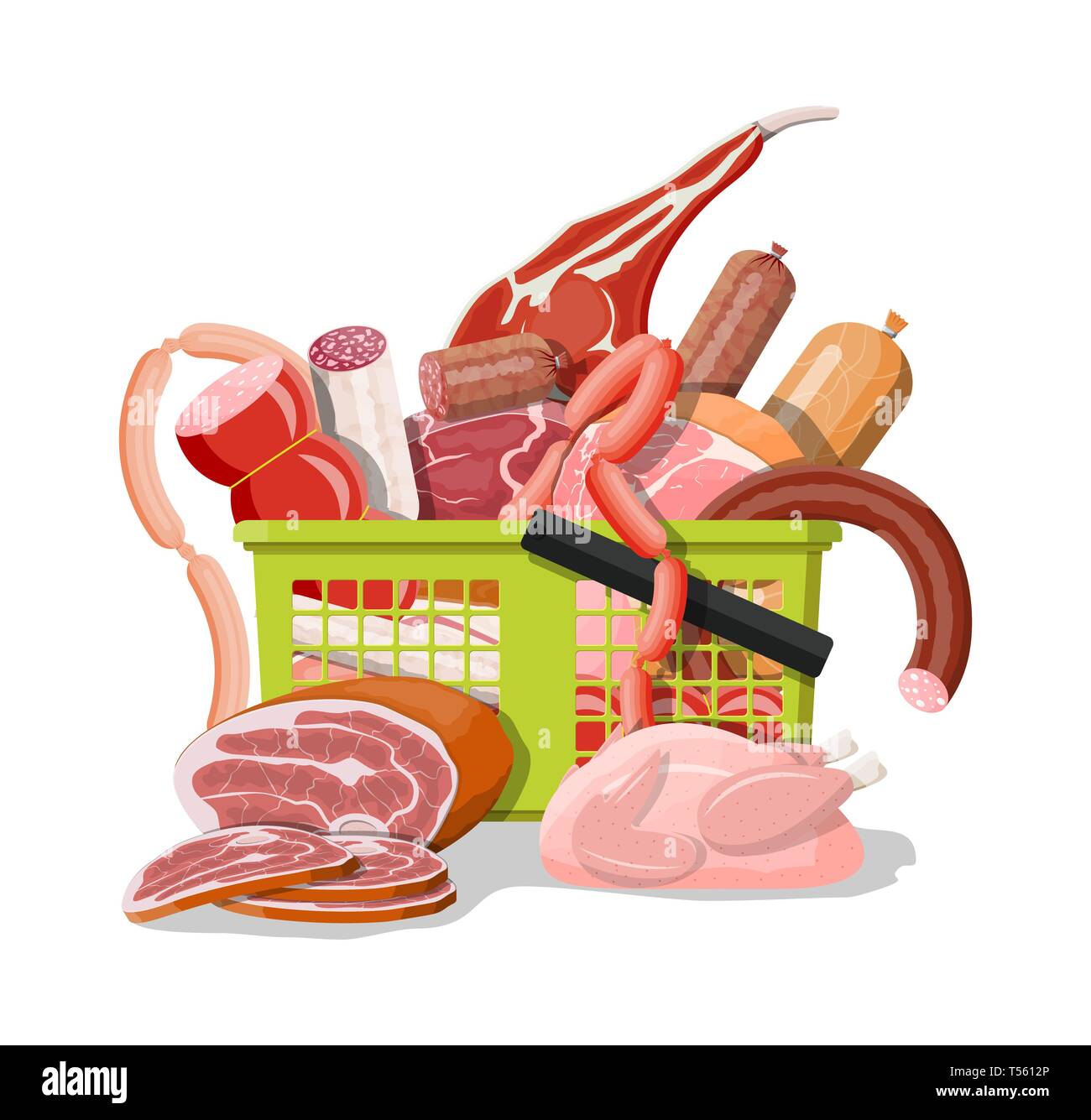 Shopping supermarket basket full of meat. Chop, sausages, bacon, ham. Marbled meat beef. Butcher shop, steakhouse, farm organic products. Grocery food Stock Vector