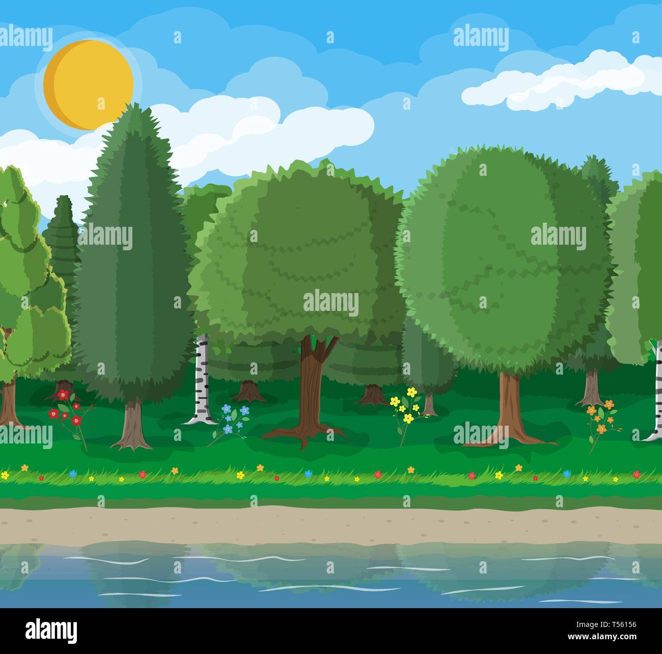 City park concept, water reservoir and trees. Flowers, pond or river. Deep forest. Sky with clouds and sun. Leisure time in summer city park. Vector i Stock Vector
