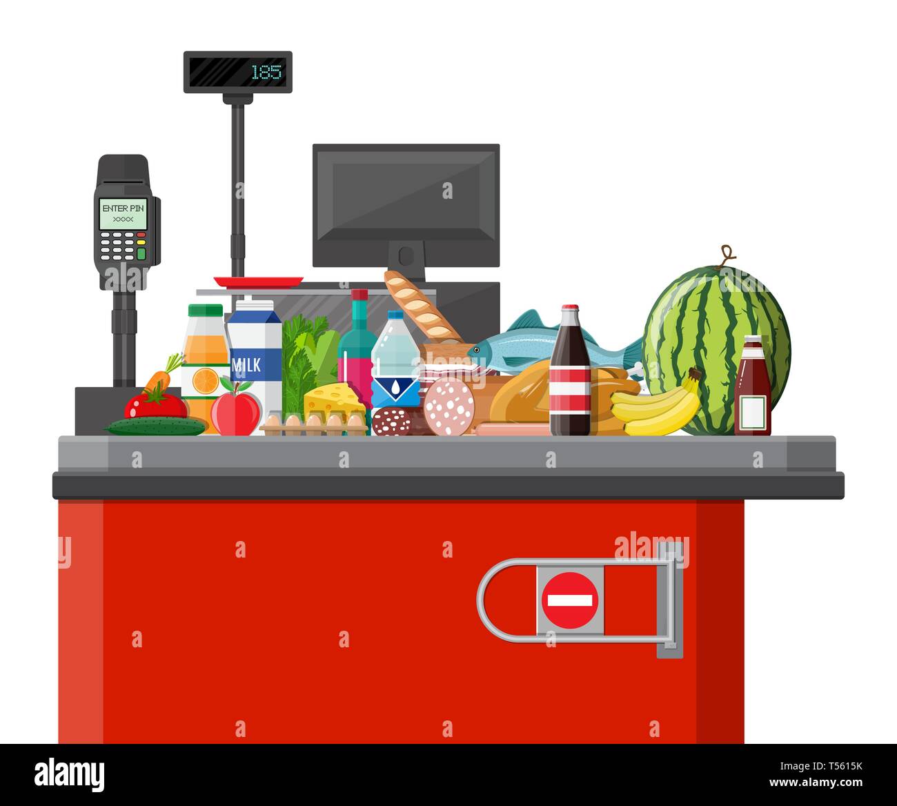 Supermarket store, retail groceries. Big shopping mall. Interior store