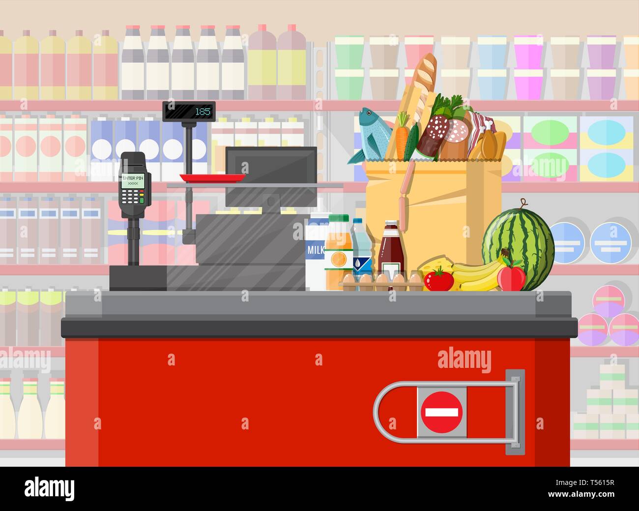 Supermarket store, retail groceries. Big shopping mall. Interior store