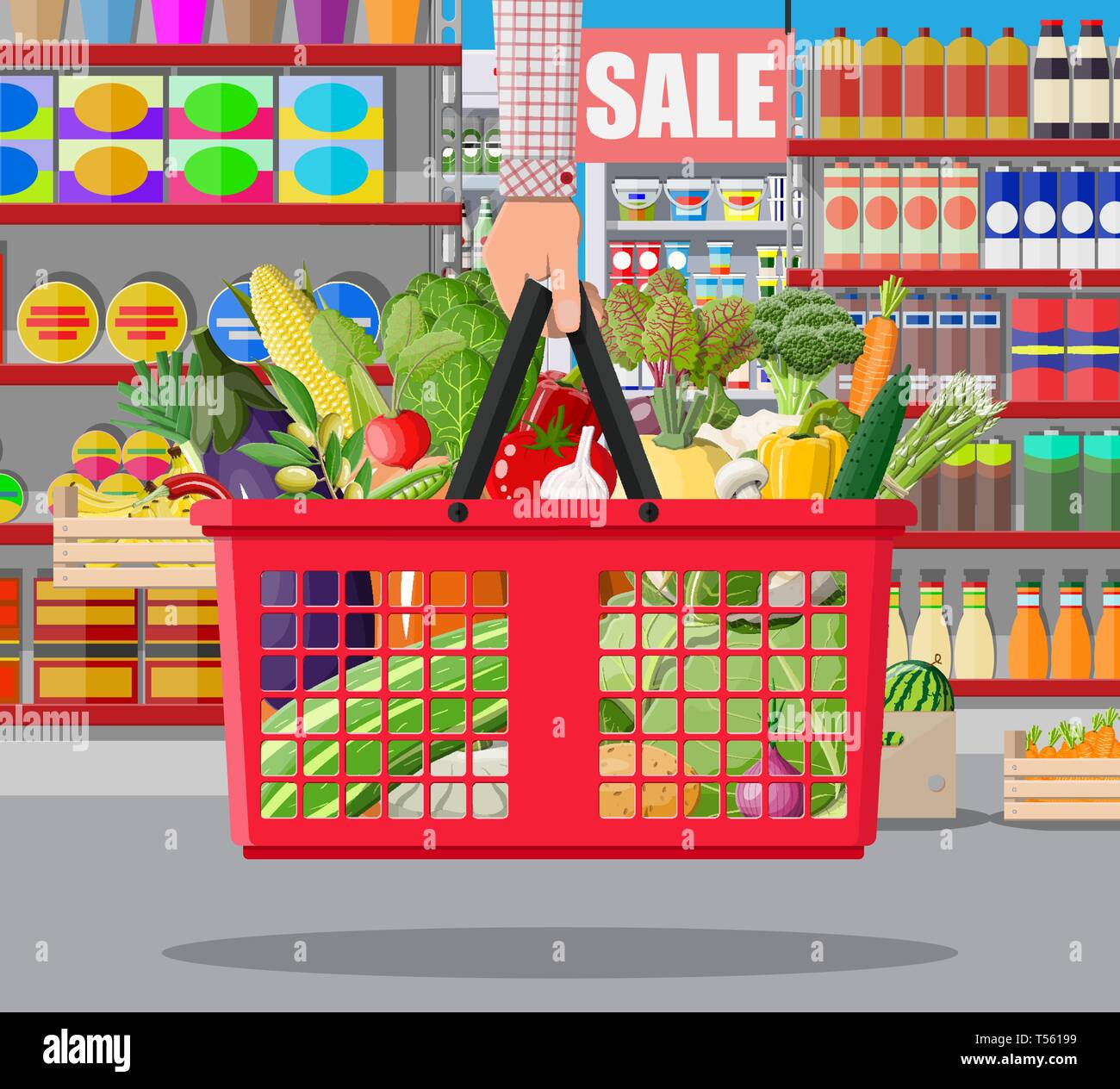 Supermarket store interior with vegetables in shopping basket. Big